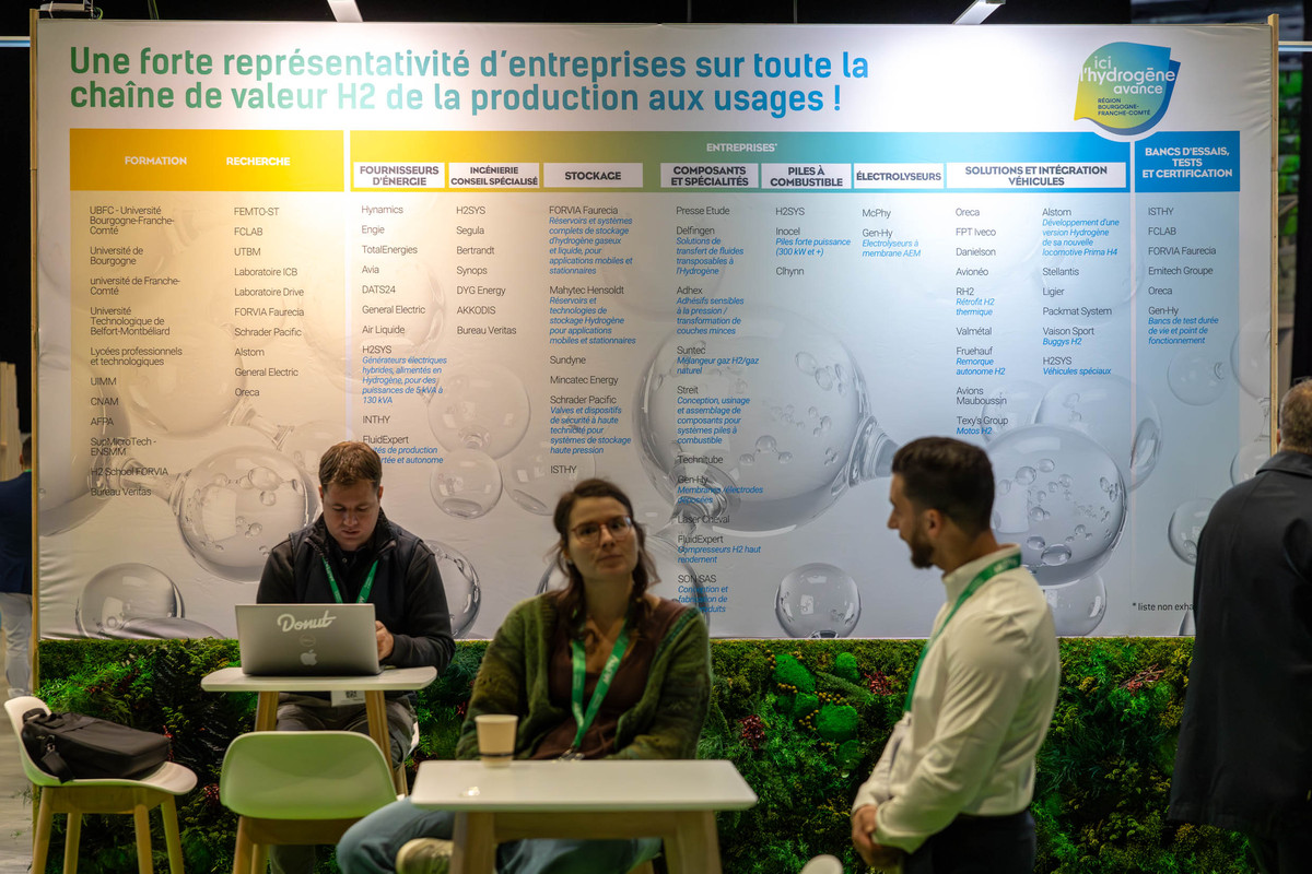 Sur le stand de la Région Bourgogne-Franche-Comté, on met en lumière la chaîne de valeur hydrogène du territoire, qui va de la production aux usages - Photo Xavier Ducordeaux