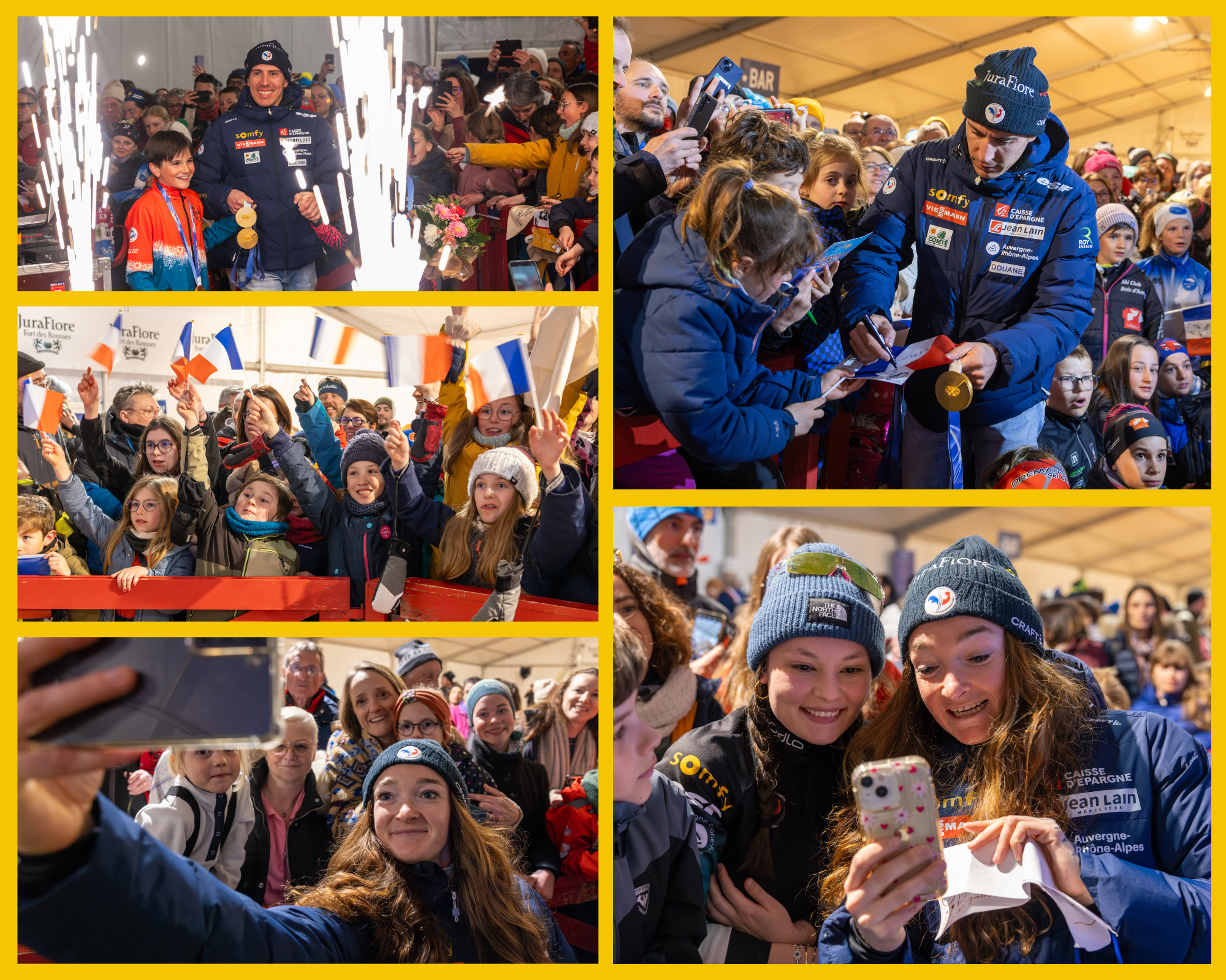 Arrivées en guest star et bain de foule pour Lou Jeanmonnot et Quentin Fillon-Maillet. Photos : Xavier Ducordeaux