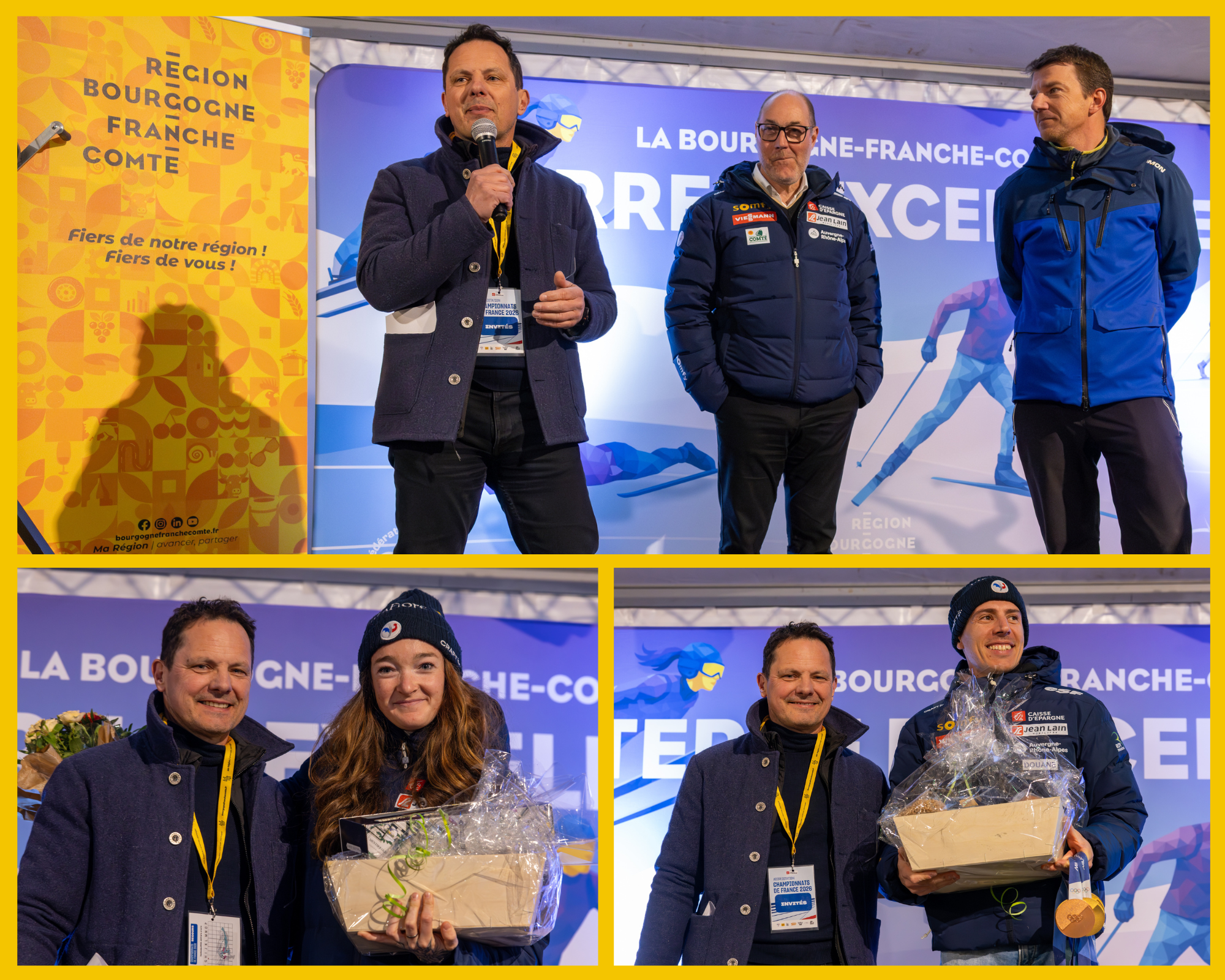 Le président Jérôme Durain, aux côtés du président de la Fédération Française de Ski, pour récompenser les médaillés olympiques, notamment Lou Jeanmonnot et Quentin Fillon-Maillet. Photos : Xavier Ducordeaux