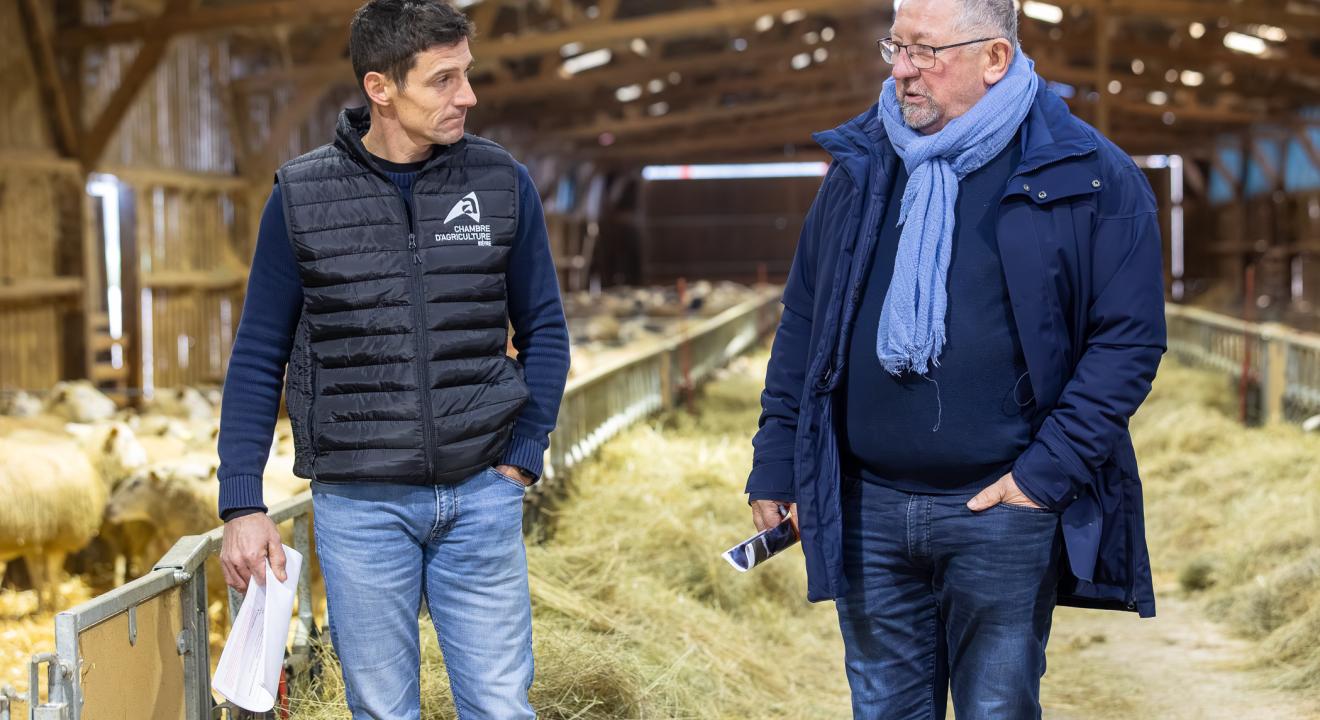 Christian MOREL, vice-président de la Région à l'agriculture, la viticulture et l'agroalimentaire (à droite), en visite dans l'exploitation de de Jean-Marc BERTRAND - Photo : Ludovic Godard